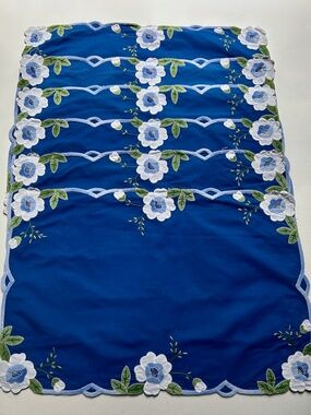 Set of 6 Royal Blue & White Floral Madeira Cotton Placements